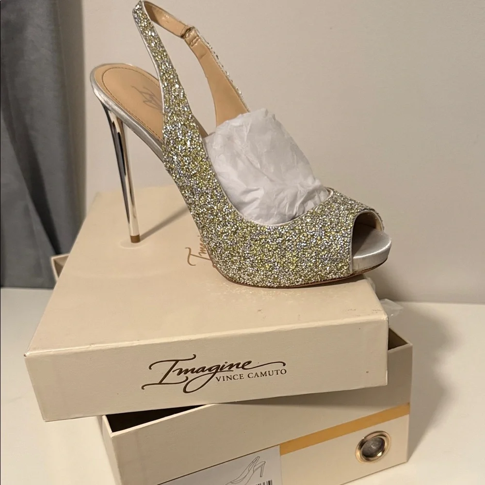 Vince Camuto Silver and Gold Glitter Peep-Toe Heels - Picture 1 of 1